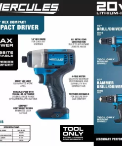 HERCULES 20V Cordless 1/4 in. Hex Compact Impact Driver - Tool Only -Cheap Hercules Store 56531 W2SS