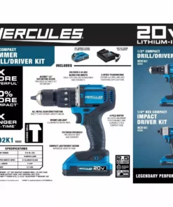 HERCULES 20V Cordless 1/2 in. Compact Variable Speed Hammer Drill/Driver - Tool Only -Cheap Hercules Store 56533 W9 1