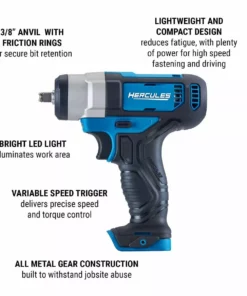 HERCULES 12V Cordless 3/8 in. Compact Impact Wrench, Blue - Tool Only -Cheap Hercules Store 56565 W2