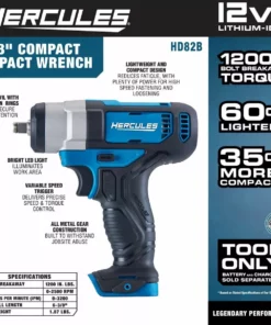 HERCULES 12V Cordless 3/8 in. Compact Impact Wrench, Blue - Tool Only -Cheap Hercules Store 56565 W2SS