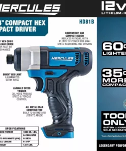 HERCULES 12V Cordless 1/4 in. Hex Compact Impact Driver - Tool Only -Cheap Hercules Store 56567 W2SS