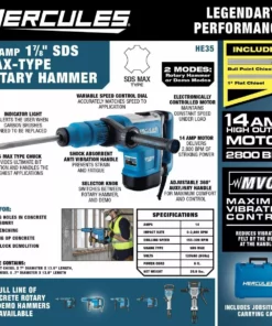 HERCULES 14 Amp 1-7/8 in. SDS Max-Type Variable Speed Rotary Hammer with Maximum Vibration Control -Cheap Hercules Store 56845 W2SS