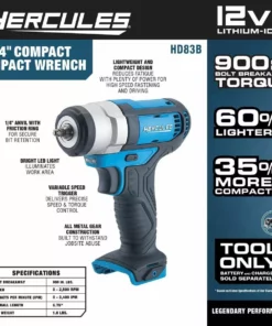 HERCULES 12V Cordless 1/4 in. Compact Impact Wrench - Tool Only -Cheap Hercules Store 57242 W2SS